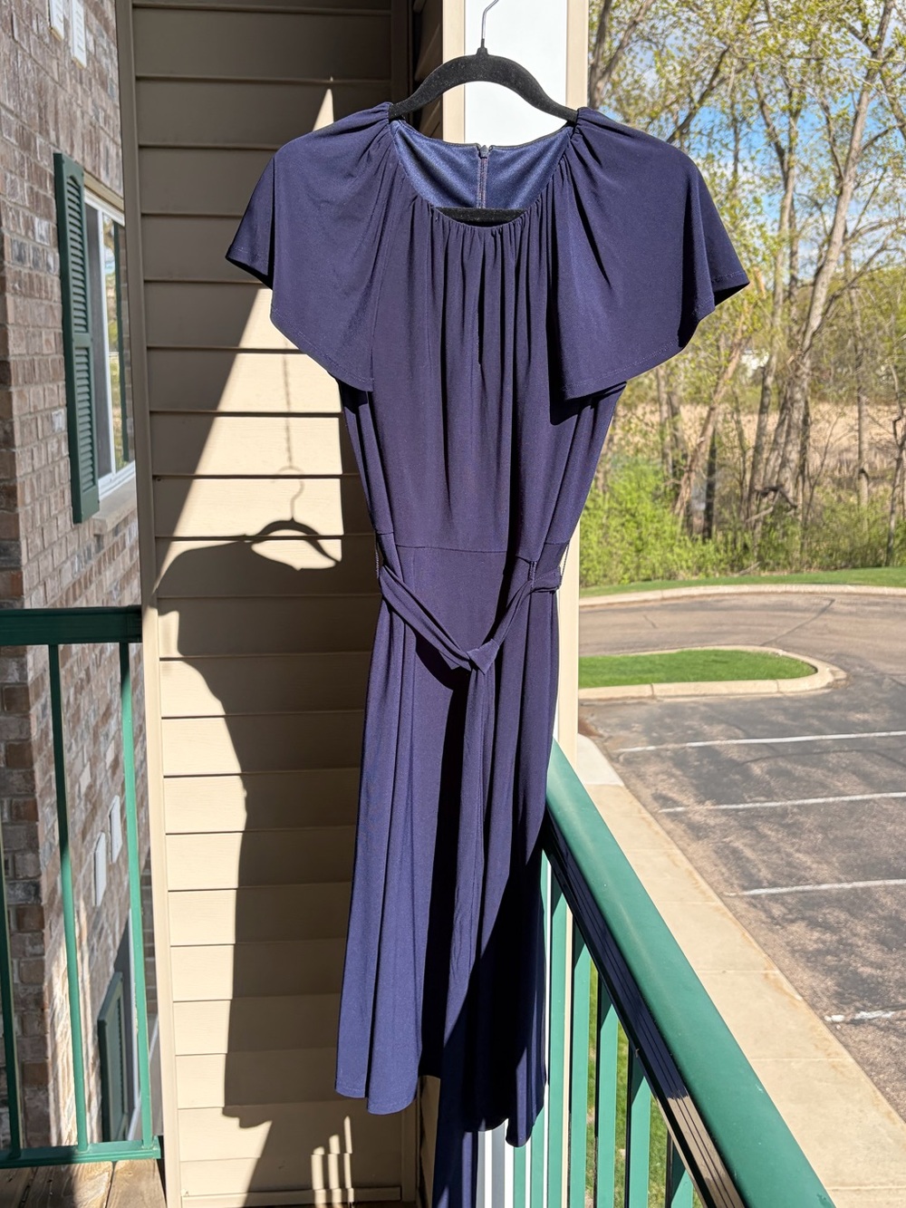 🆕🫐 Jessica Howard Navy Blue Fit & Flare Dress Petite 12P Tie Waist Office Midi - Picture 3 of 17